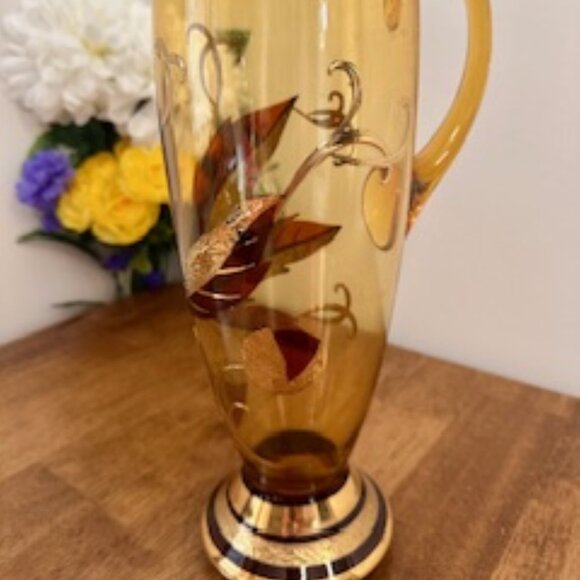 Vintage Amber Glass Pitcher with Gold and Red Leaf Design – Hand Painted Mid-Cen - Picture 1 of 9